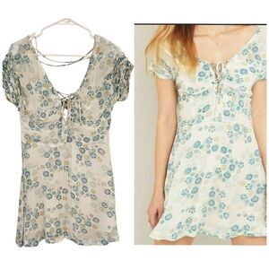 Free People Yours Truly Ruffle Lace Up Floral Coquette Girl Mini Dress